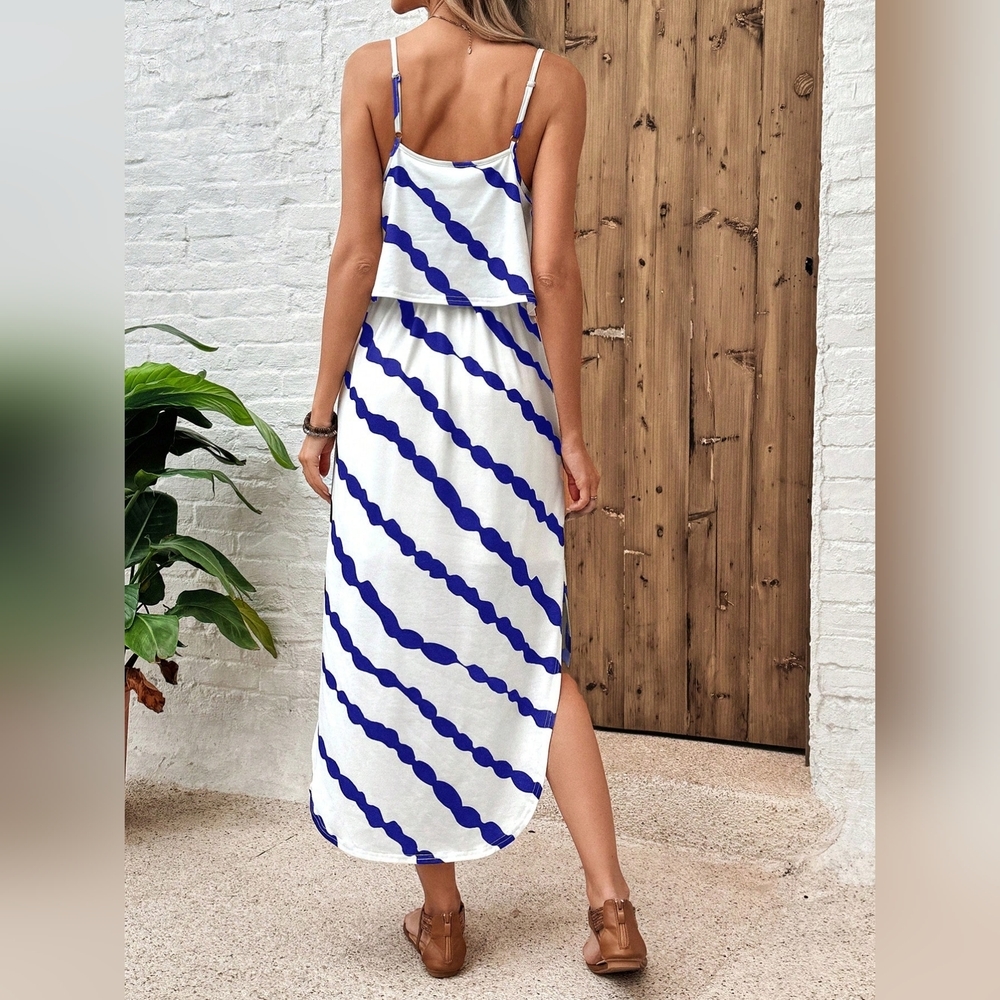 Tie-Dye Black & White Striped Midi Dress With Ruffled Hem And Drawstring Waist F - Picture 2 of 5